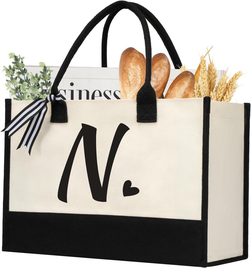 shenee Initial Canvas Tote Bag, Personalized Beach Jute Bag Present for Women Holiday,Friends Birthday Gift,Wedding, New Year - Image 1